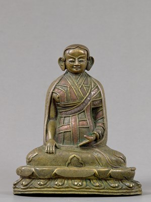 Lot 190 - BRONZE LAMA WITH SILVER AND COPPER TIBET 16TH CENTURY