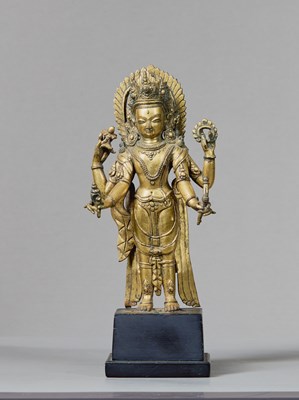 Lot 338 - STANDING BRONZE GILT VISHNU NEPAL 15TH CENTURY