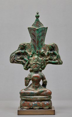 Lot 46 - BRONZE BODHISATTVA SEATED ON A LOTUS THRONE, KASHMIR, 12TH CENTURY