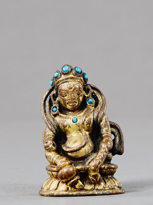 Lot 333 - RESTGILT JAMBHALA WITH TURQUOISE INLAYS NEPAL OR TIBET 18TH CENTURY