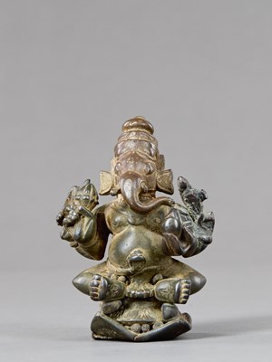 Lot 374 - SEATED BRONZE GANESHA INDIA 15TH CENTURY