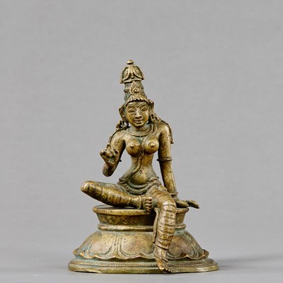 Lot 226 - SEATED BRONZE PARVATI ON A LOTUS THRONE INDIA 18TH CENTURY
