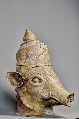 Lot 85 - LARGE BRONZE HEAD OF VARAHA (THE BOAR AVATAR OF VISHNU), INDIA, 18TH CENTURY