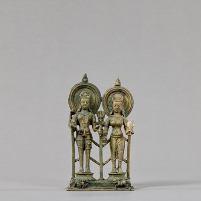 Lot 430 - STANDING BRONZE SHIVA AND PARVATI POST-GUPTA INDIA 8 TH CENTURY