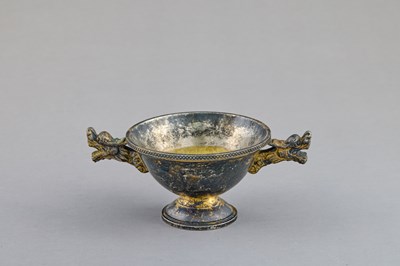 Lot 337 - SMALL SILVERED BRONZE BOWL WITH DRAGON HANDLES CHINA, QING DYNASTY, 19TH CENTURY