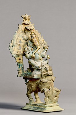 Lot 279 - A GANESHA SEATED ON A LION, BRONZE, INDIA 18TH CENTURY