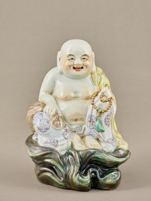 Lot 63 - PORCELAIN FIGURE OF MAITREYA BUDDHA, MINGUO PERIOD