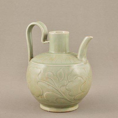 Lot 187 - YAOZHOU CELADON EWER WITH CARVED FLORAL DECORATION, SONG DYNASTY