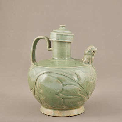 Lot 49 - YAOZHOU CELADON EWER WITH LION-FORM SPOUT, SONG DYNASTY