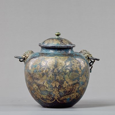 Lot 18 - GILT AND SILVER-INLAID BRONZE JAR WITH BIRD AND FLORAL DECORATION, TANG DYNASTY