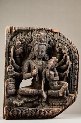 Lot 84 - WOOD CARVING DEPICTING VISHNU AND LAKSHMI NEPAL 13TH CENTURY