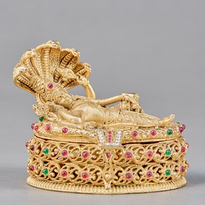Lot 105 - RECLINING VISHNU BRASS WITH SEMI PRECIOUS STONES INDIAN 20TH CENTURY
